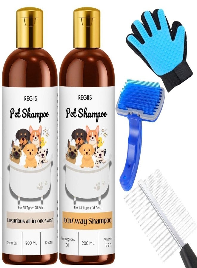 REGIIS Pet Shampoo Set with Grooming Brush and Glove, All-in-One Wash and Itch Away Formula, 200 ML, 5-Pack - Image 1